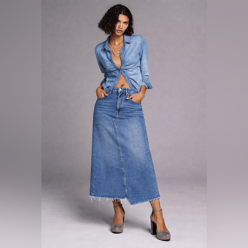 Anthropologie Pilcro and the Letterpress Denim Raw Hem Midi Skirt Size 6